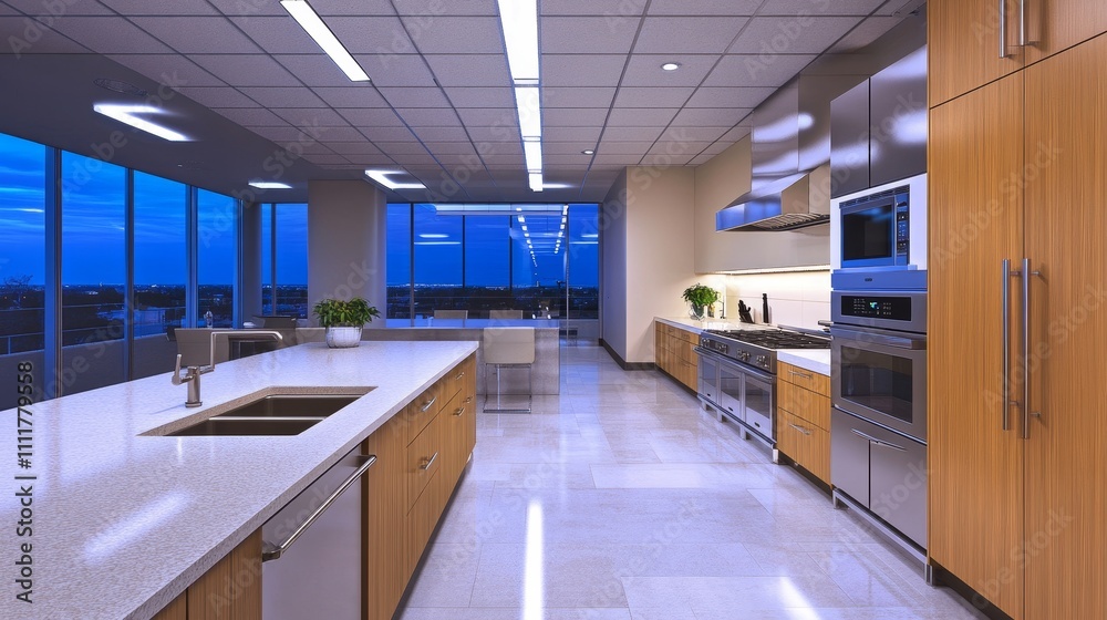 Modern kitchen with sleek design and large windows showcasing a city view at dusk. Modern kitchen with sleek design and large windows showcasing a city view at dusk.