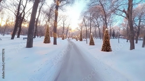 Magical Winter Wonderland Snowy Path Christmas Trees Festive Lights