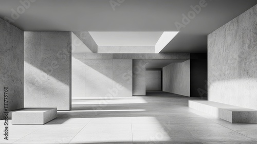 A minimalist interior space featuring concrete walls and geometric shapes with natural light.