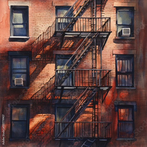 A City fire escape, painted in watercolor with intricate details of the metalwork