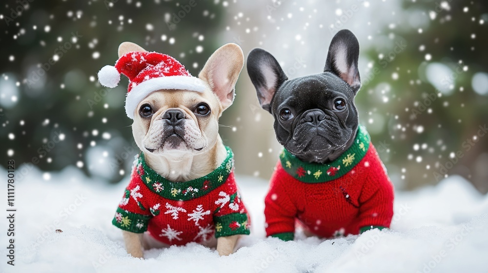 French bulldogs wearing Christmas outfits with bright red and green accents, sitting on fresh snow French bulldogs wearing Christmas outfits with bright red and green accents, sitting on fresh snow
