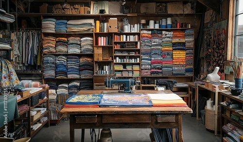  AI generator image of modern textile production scene showcasing sustainable fashion and personalized clothing.clean factory with automated sewing machines, workers customizing garments with intricat