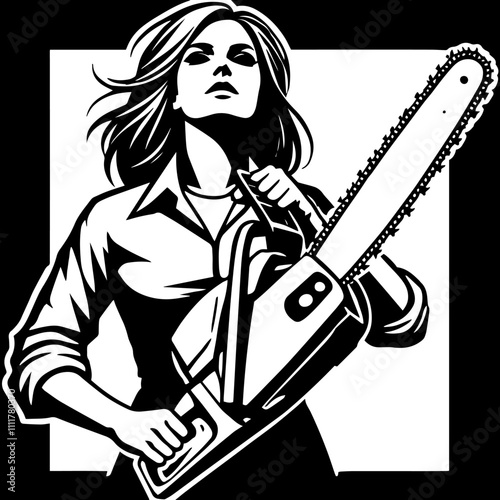 Woman with long, flowing hair holding a large, powerful chainsaw, with a determined expression on her face. Beauty Chainsaw Woman. Vector illustration