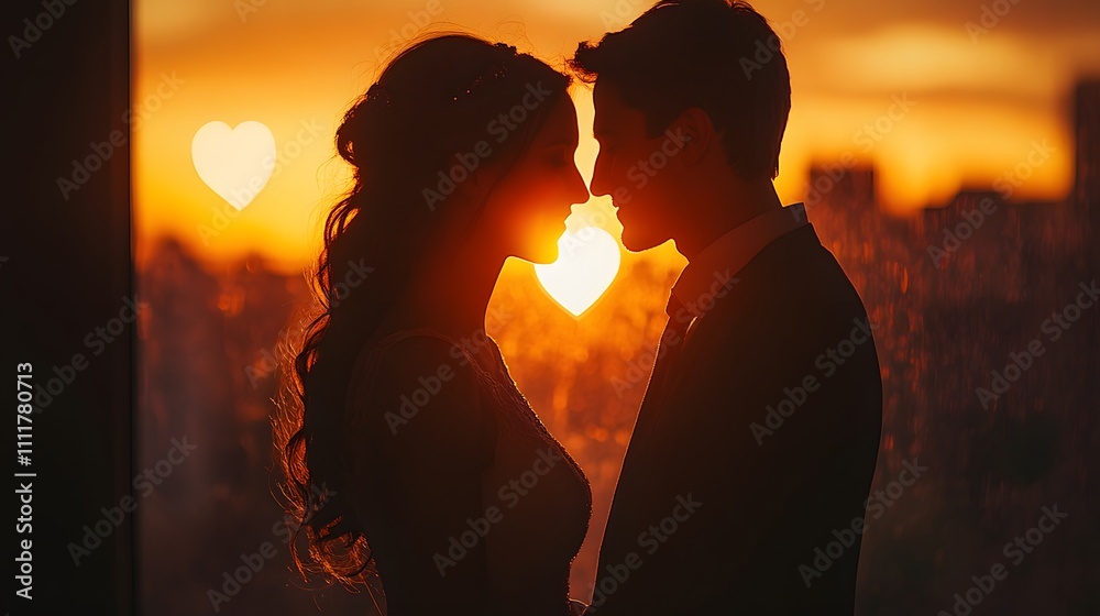 Romantic couple holding hands under heart-shaped decorations with a glowing sunset backdrop Romantic couple holding hands under heart-shaped decorations with a glowing sunset backdrop