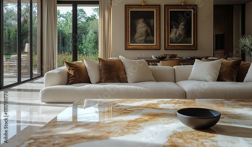 AI generated image of luxury villa style   ornate hall entrance doors and intricate carvings, marble staircase floor spacious living area, marble floors, grandeur luxurious room