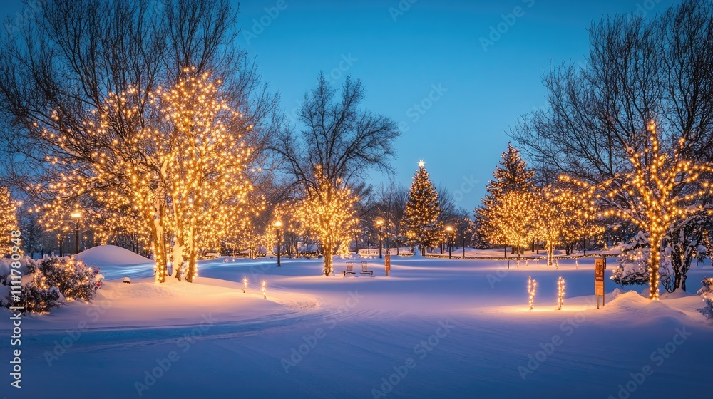 Glimmering Christmas lights adorn a snowy landscape with a radiant blue sky as the perfect backdrop Glimmering Christmas lights adorn a snowy landscape with a radiant blue sky as the perfect backdrop