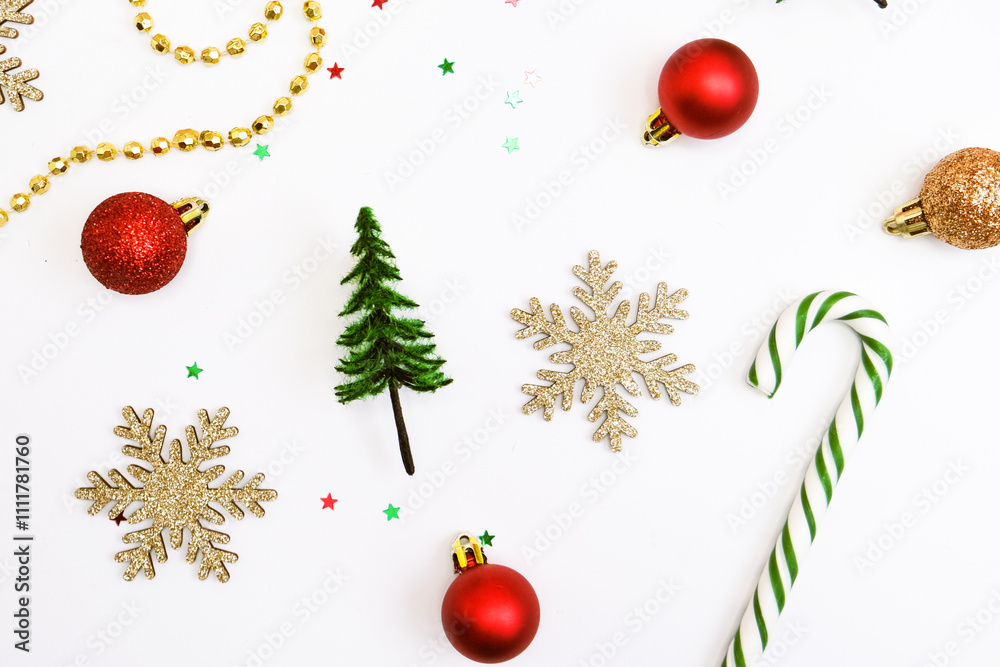 Christmas tree ornaments on white background. Christmas, winter, new year concept. Flat lay, top view, copy space. Christmas tree ornaments on white background. Christmas, winter, new year concept. Flat lay, top view, copy space.