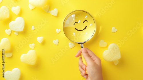 Hand holding magnifying glass with smiley face surrounded by hearts on a bright yellow background