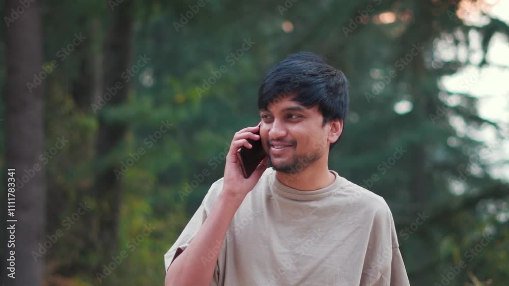 Portrait of a young Indian man talking on the mobile phone while standing outdoors during his vacation. Man attends the call during his off day, Man talks via call to his family during traveling. Portrait of a young Indian man talking on the mobile phone while standing outdoors during his vacation. Man attends the call during his off day, Man talks via call to his family during traveling.