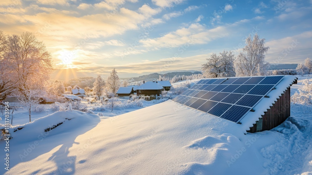 Solar panels on a frost-covered roof generating energy during a sunny winter day, set against a scenic background Solar panels on a frost-covered roof generating energy during a sunny winter day, set against a scenic background