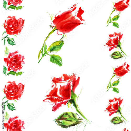 Pattern of bright red rose with green leaf in juicy watercolor. It is hand-drawn in bright juicy strokes of bright red, scarlet color. The rose petals are open on white background. Blossoming flowers