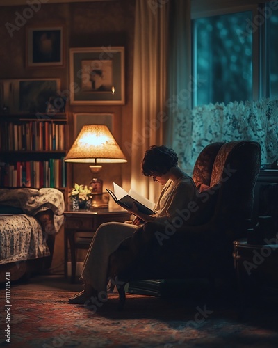 Cozy Evening Reading in Comfortable Home Library Interior