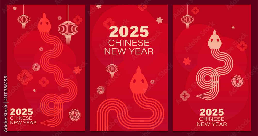 Naklejka premium Chinese New Year Greeting Card 2025. Golden snake, lantern, flower theme. Banner, cover, calendar design elements