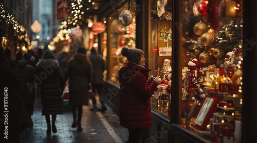 Bustling Christmas Market Street With Twinkling Lights and Festive photo