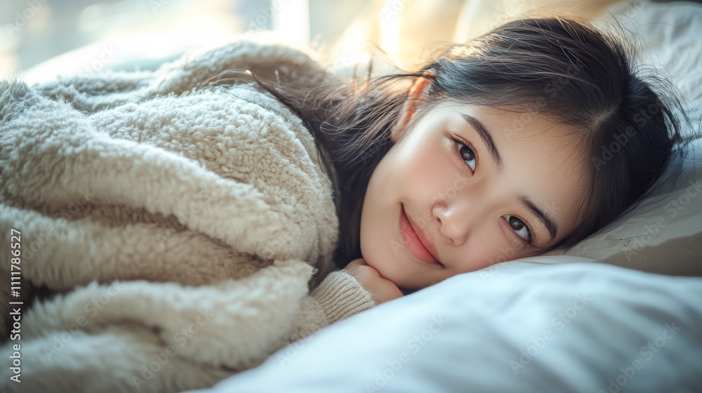 部屋で笑う若い女の子 部屋で笑う若い女の子