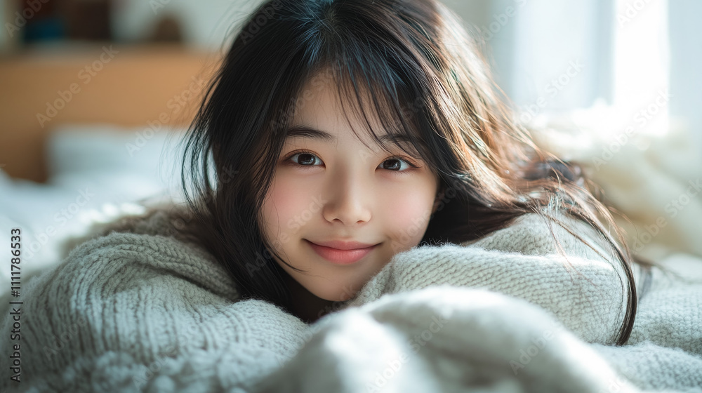 部屋で笑う若い女の子 部屋で笑う若い女の子