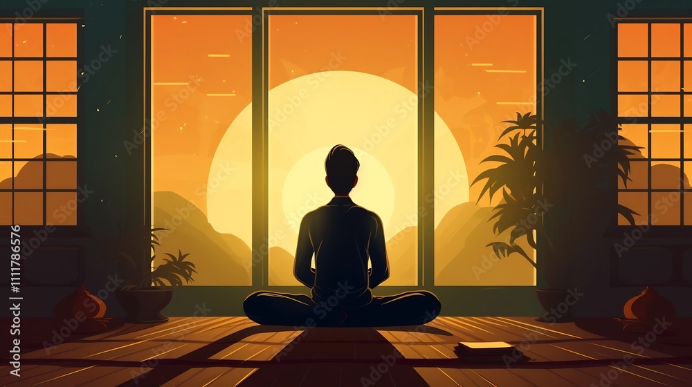 A man sitting on a yoga mat by the window practicing mindfulness meditation and finding inner peace wellness and balance through this calming spiritual and rejuvenating activity A man sitting on a yoga mat by the window practicing mindfulness meditation and finding inner peace wellness and balance through this calming spiritual and rejuvenating activity