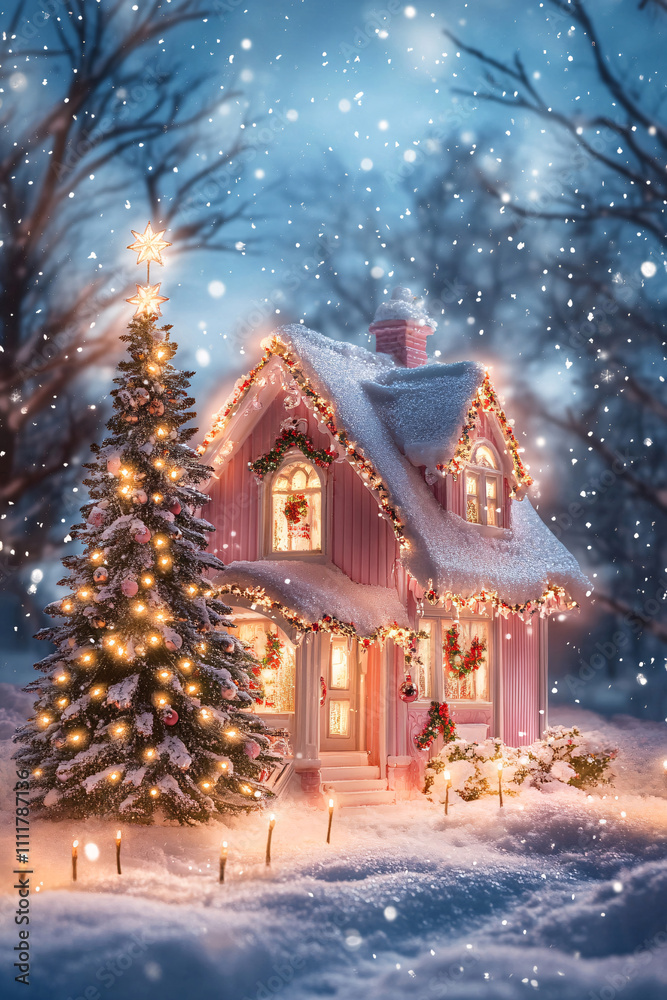 Obraz premium Fantastic winter landscape with wooden house in snowy mountains. Starry sky with Milky Way and snow covered hut. Christmas holiday and winter vacations concept 