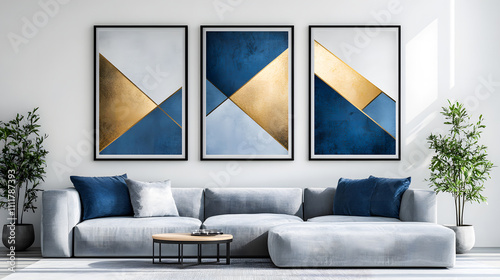 Set of three abstract posters with geometric shapes in gold frames photo