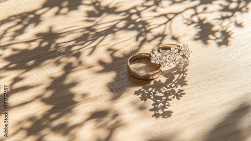 A coupleas wedding rings on a light wooden table with a delicate floral shadow in warm light. photo