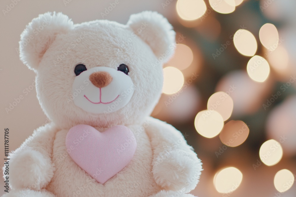 Delicate card for valentine`s day with teddy bear with heart, romantic and tender concept, celebrate, date and gifts, copy space