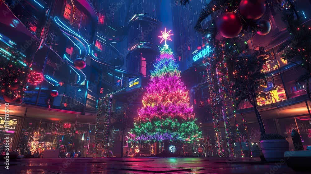 Futuristic city square with a vibrant, rainbow-lit Christmas tree, surrounded by glowing buildings and festive decorations. Futuristic city square with a vibrant, rainbow-lit Christmas tree, surrounded by glowing buildings and festive decorations.