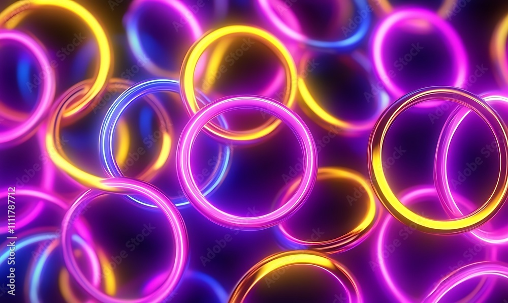 Colorful glowing electric neon rings circles background, Generative Ai