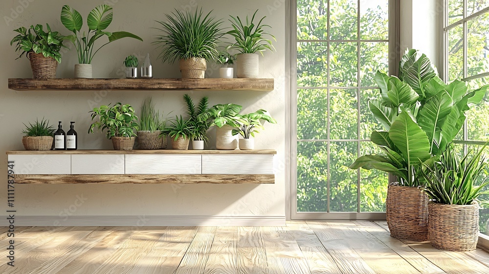 Cozy and Serene Indoor Plant Filled Home Decor Setting with Wooden Shelves and Bright Natural Lighting Cozy and Serene Indoor Plant Filled Home Decor Setting with Wooden Shelves and Bright Natural Lighting