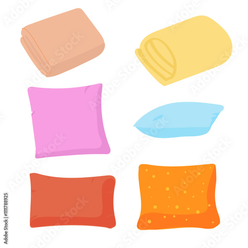 Set of pillows and blankets isolated with different forms. 