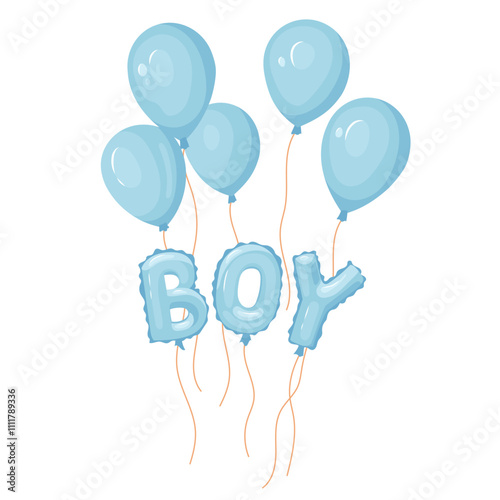 Gender reveal party banner element 'BOY' blue helium balloons flies high. Ideal for baby shower invitations, cards and party decor Festive vector design for celebrations, isolated