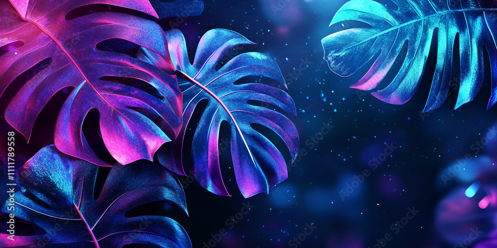 Naklejka premium Neon palm leaves with vibrant tropical aesthetic in glowing blue and purple against dark background