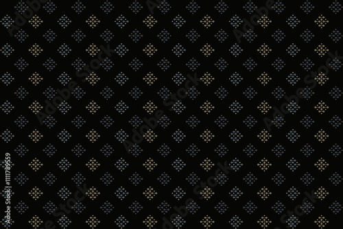 Abstract geometric seamless pattern with high tech logo in light blue n brown on black background. Vector illustration. For masculine shirt lady dress textile cloth print staff uniform wallpaper cover
