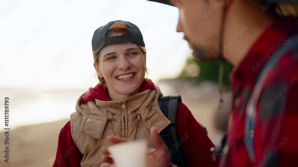 Active travelers communicating in half, portrait of pretty woman smiling to man . Local tourism and experience exchange, merry weekend in nature, hiking and backpacking in national park, slow motion Active travelers communicating in half, portrait of pretty woman smiling to man . Local tourism and experience exchange, merry weekend in nature, hiking and backpacking in national park, slow motion