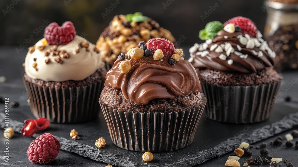 A tempting display of gourmet cupcakes with various toppings on a dark slate background. A tempting display of gourmet cupcakes with various toppings on a dark slate background.