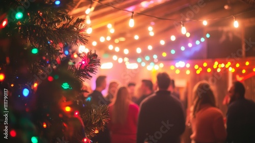 Festive Christmas Rave with Friends Laughing Around Tree Under Colorful Lights | Ultra-Detailed Holiday Celebration