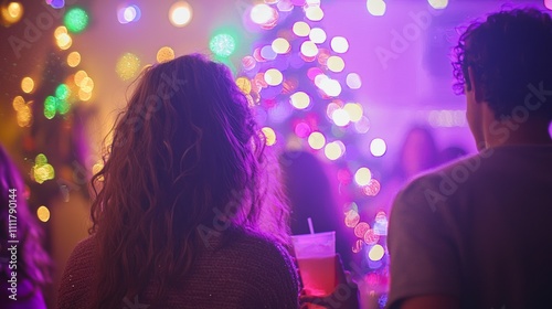 Festive Christmas Rave with Friends Laughing and Celebrating Around Decorated Tree - Ultra-Detailed Cheerful Celebration of Holidays Under Colorful Lights