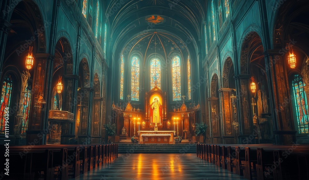 AI generator image of church temple Catholic priest in his professional working environment, standing at the altar inside a grand, beautifully lit church. The priest is dressed in traditional vestment AI generator image of church temple Catholic priest in his professional working environment, standing at the altar inside a grand, beautifully lit church. The priest is dressed in traditional vestment