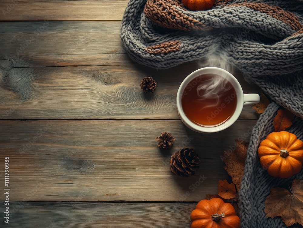 Cozy Autumn Scene with Hot Tea, Knit Blanket, and Mini Pumpkins Cozy Autumn Scene with Hot Tea, Knit Blanket, and Mini Pumpkins