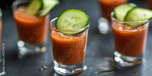 Gazpacho Soup Shots with Cucumber Garnish photo