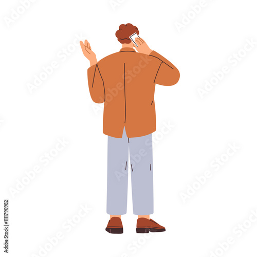 Business man speaking on mobile phone, standing in rear back behind view. Office worker talking on smartphone. Professional cellphone call. Flat vector illustration isolated on white background