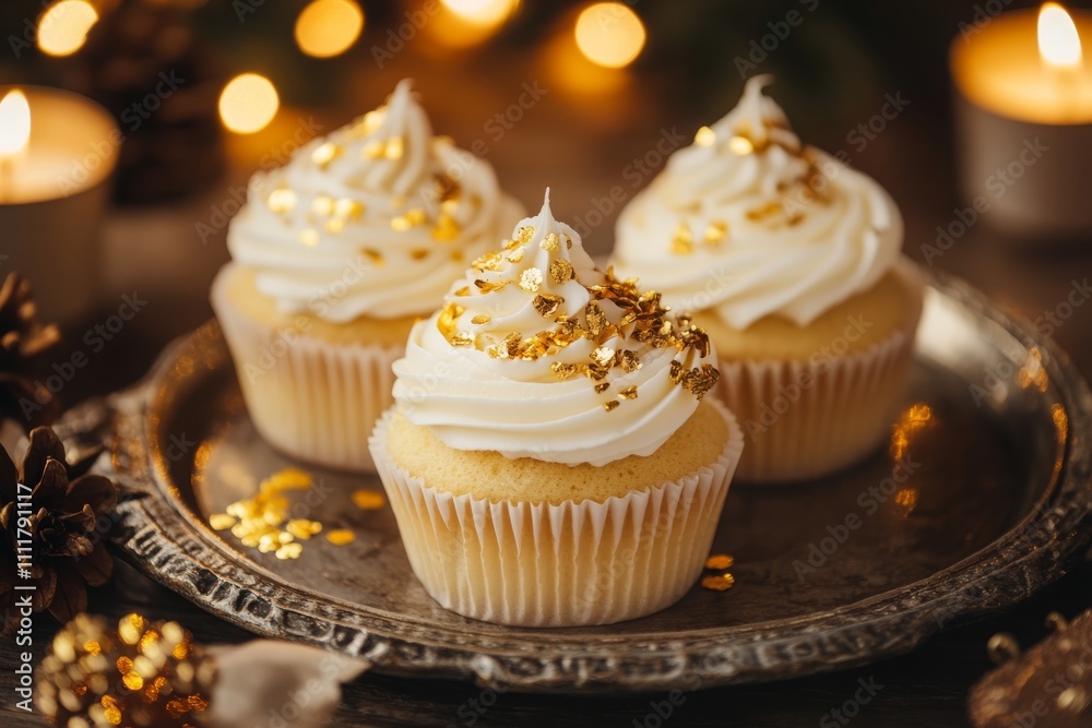 Scrumptious vanilla cupcakes topped with creamy frosting and golden sprinkles, beautifully arranged on a vintage plate, perfect for festive celebrations and special occasions. Scrumptious vanilla cupcakes topped with creamy frosting and golden sprinkles, beautifully arranged on a vintage plate, perfect for festive celebrations and special occasions.