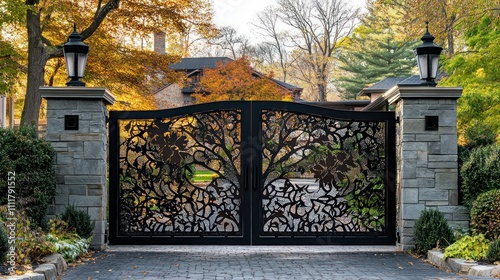 Steel gate with laser-cut designs, creating artistic patterns while maintaining privacy