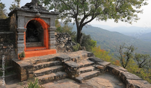 AI generator image of Buddha's hut at Hill ,India landmarks history is buddhist travel	 photo