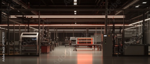 Modern industrial workspace with advanced machinery and bright lighting for innovative production processes