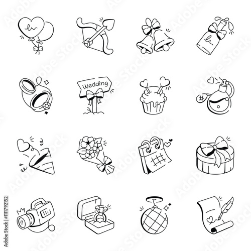 Pack of 16 Wedding Accessories Doodle Icons 

