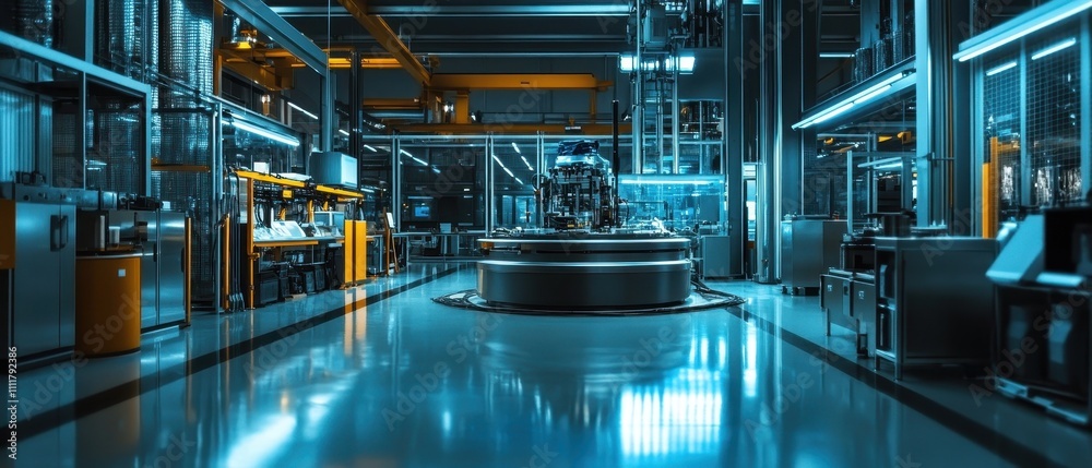 Empty industrial warehouse with a yellow fork lift in an expansive storage area during early morning hours Empty industrial warehouse with a yellow fork lift in an expansive storage area during early morning hours