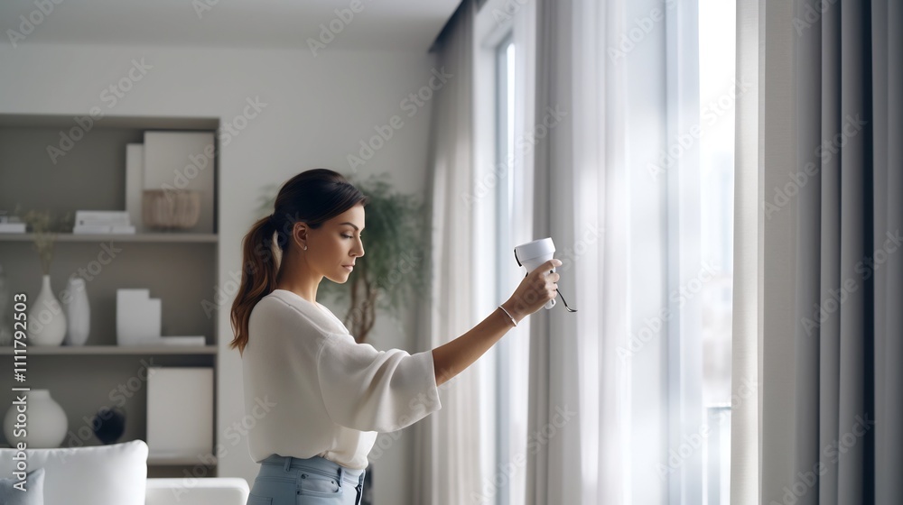 Woman hanging curtains in a newly painted room with sleek and contemporary interior decor The room features minimalist furnishings and a cozy inviting atmosphere Woman hanging curtains in a newly painted room with sleek and contemporary interior decor The room features minimalist furnishings and a cozy inviting atmosphere