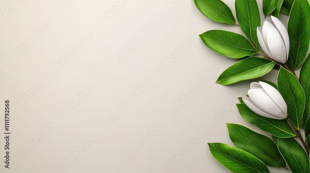 Elegant White Magnolia Flowers Green Leaves on Beige Background Elegant White Magnolia Flowers Green Leaves on Beige Background