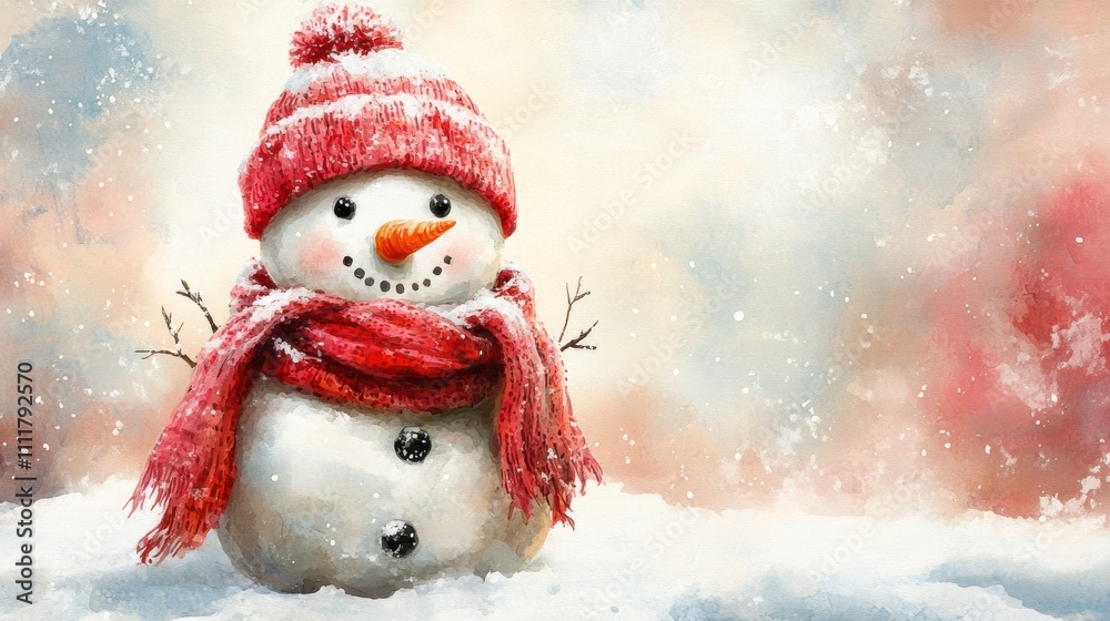 Cute Snowman with Red Scarf and Hat on White Background Cute Snowman with Red Scarf and Hat on White Background