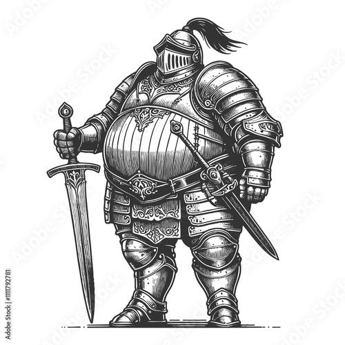 Fat overweight rotund knight in full armor, blending humor and medieval charm sketch engraving generative ai raster illustration. Scratch board imitation. Black and white image. photo